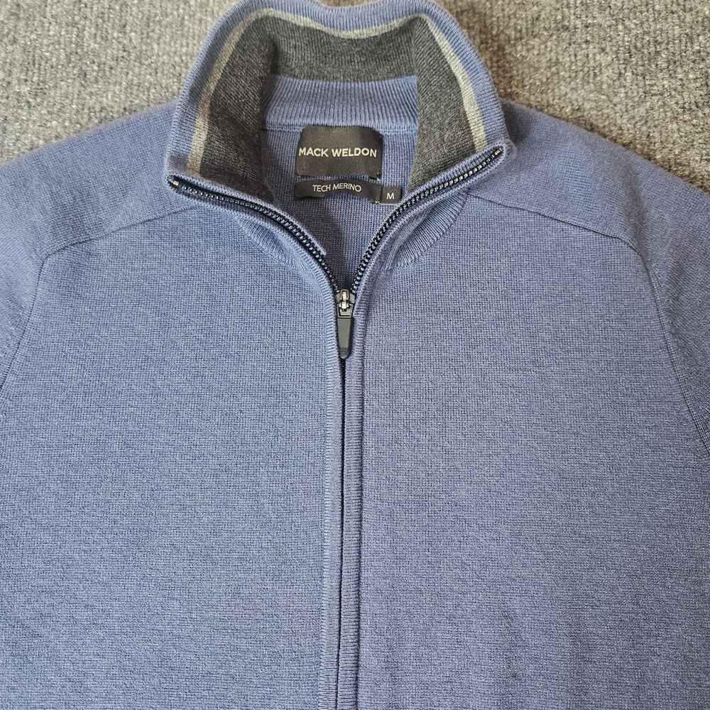 Mack Weldon Mens Merino Tech Full Zip Sweater Size Medium Blue Mock Neck Pockets